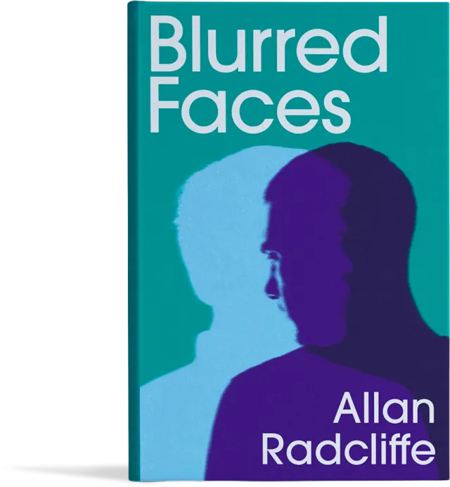 Cover of Blurred Faces by Allan Radcliffe — two overlapping silhouetted heads in pale blue and deep purple on a teal background